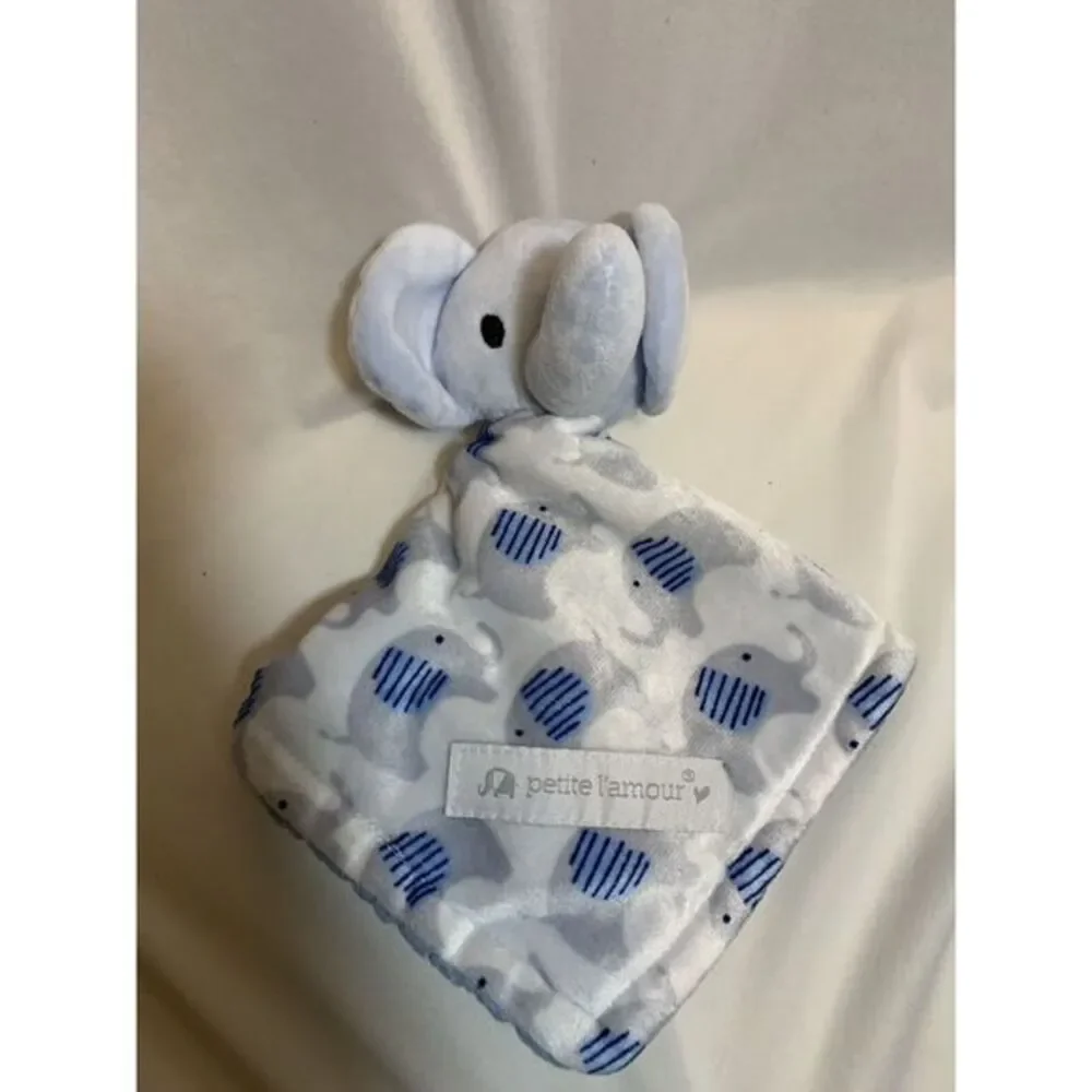 Petite L'Amour Blue White Gray Elephant Plush Security Blanket Lovey‎ Lovie Grey